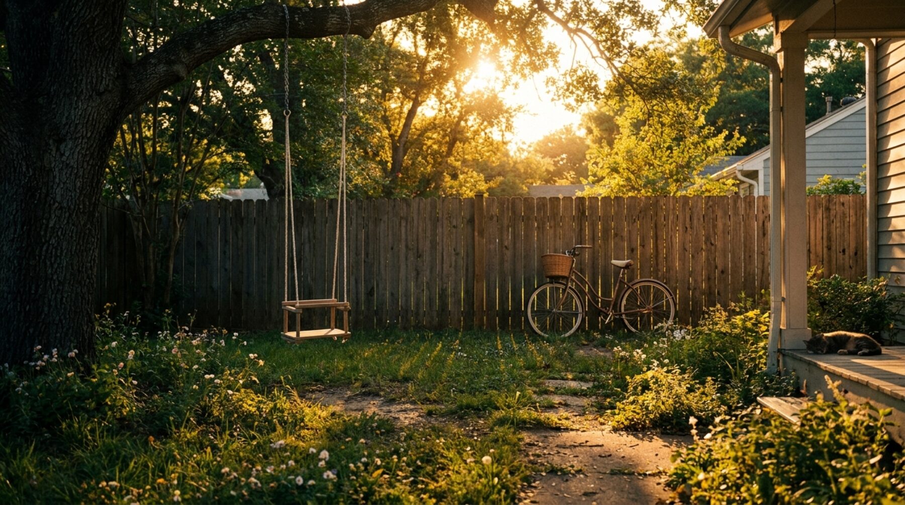 A quiet suburban backyard at golden hour
