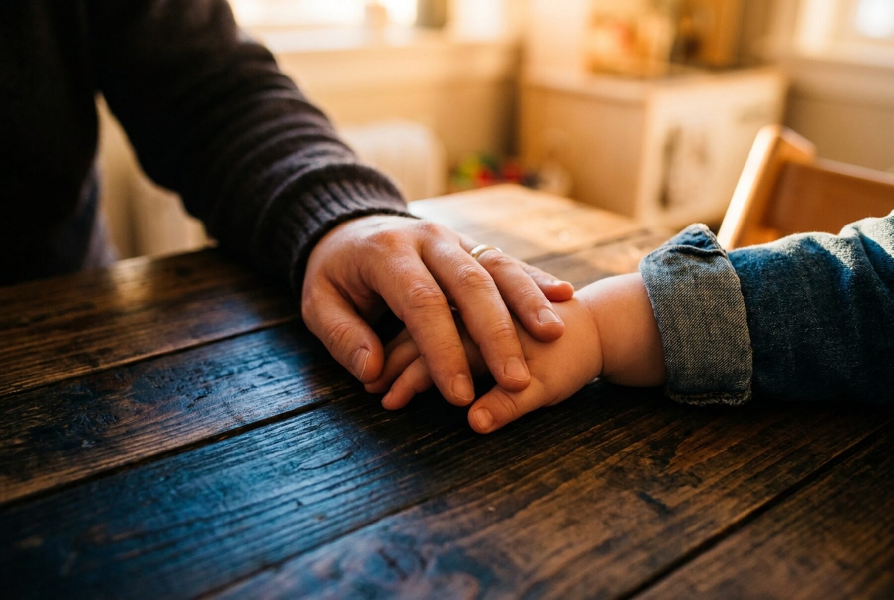 An adult and a child's hands resting together