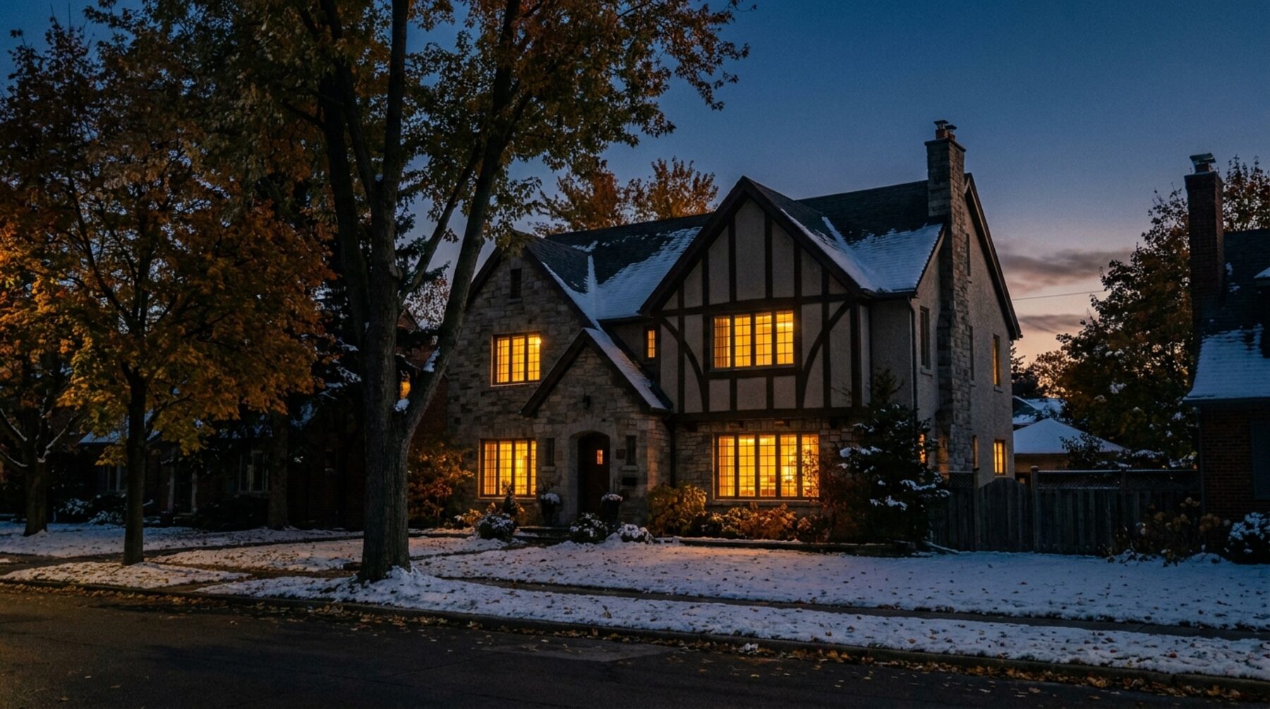 A family home on a quiet Toronto street at dusk